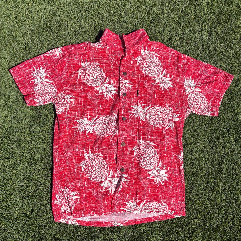 Palmwave Mens Large Red Pineapple Print Hawaiian Button Down Short Sleeve Shirt